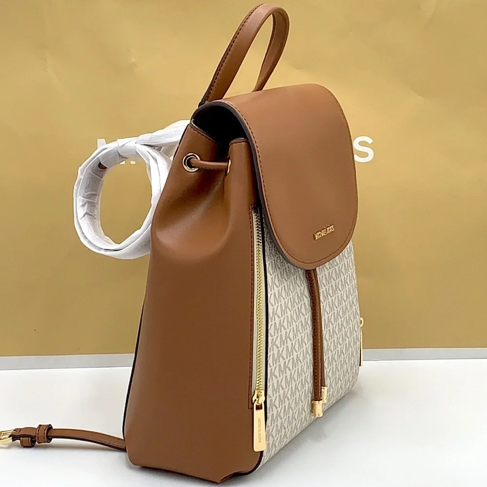 MICHAEL KORS PHOEBE MEDIUM DRAWSTRING BACKPACK VANILLA/ BROWN SIGNATURE COLOR - Picture 15 of 16